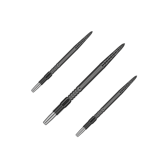Pointes de fléchettes Target Swiss Point DX - Noir Das Bild zeigt drei schwarze Dartspitzen, die nebeneinander angeordnet sind. Sie haben ein geriffeltes Design und eine spitze Form.