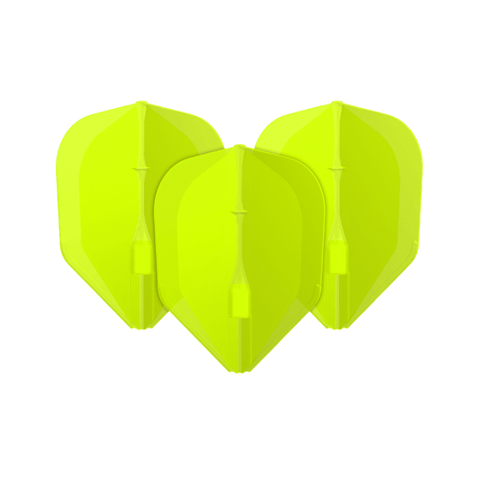 L-L-Style3EZ Flights Das Bild zeigt drei neon-gelbe Dartflights. Sie stehen nebeneinander und haben eine klassische Pfeilform.
