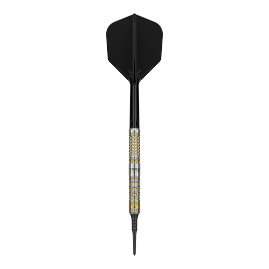 Dardos blandos Target Japan Black Marque Reyn GEN2 - 17,5 g Auf dem Bild ist ein Softdartpfeil des Modells "Target Japan Black Marque Reyn GEN2 Softdarts - 17,5g" zu sehen. Er hat eine silberne und goldene Griffzone sowie schwarze Flights und Spitze.