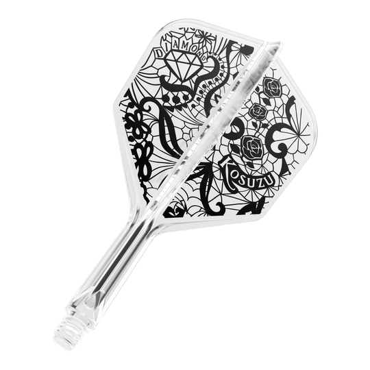 Systém Target Japan K-Flex Diamond No6 Flight Shaft System Dies ist ein klarer Dartflight mit einem schwarzen, kunstvollen Design, das Rosen, ein Diamant und Netzmuster zeigt. Das System ist einteilig und hat ein Schraubgewinde am Ende.