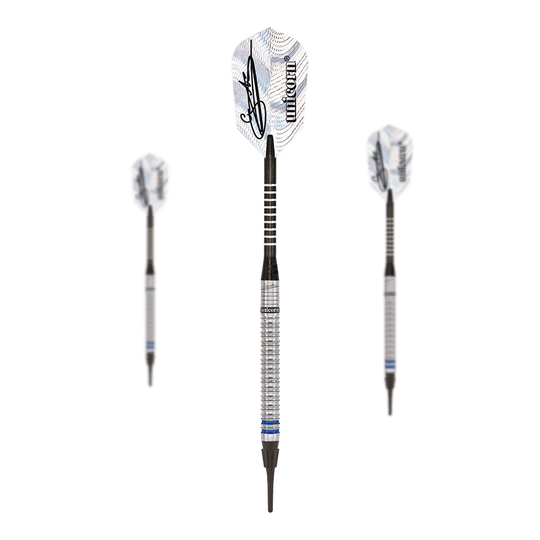 Mistrz Świata Jednorożców Natural Phase 3 Gary Anderson Soft Darts - 18g Das Bild zeigt drei Unicorn World Champion Natural Phase 3 Gary Anderson Softdarts mit einem Gewicht von 18g. Die Darts haben silberne Griffe und weiße Flights mit einer Unterschrift und dem Unicorn-Logo.