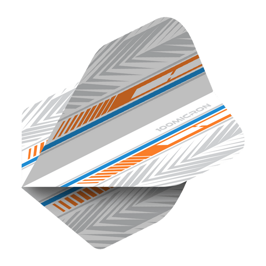 Voli Pentathlon bianchi/arancioni/blu Das Bild zeigt ein Pentathlon Standard Dartflight in den Farben Weiß, Orange und Blau. Das Flight hat ein modernes, grafisches Muster mit der Aufschrift "100 MICRON".