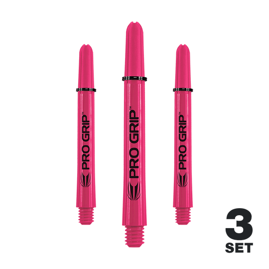 Tiges Target Pro Grip - 3 jeux - Rose Das Bild zeigt drei pinke Pro Grip Shafts für Dartpfeile. In der rechten unteren Ecke steht "3 SET".