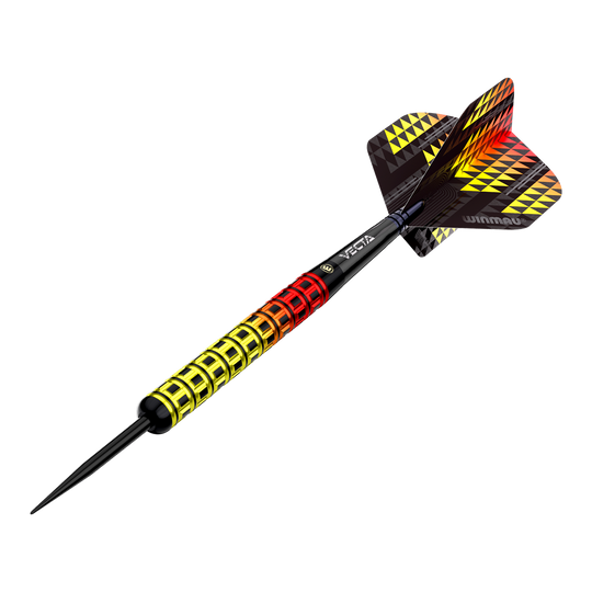 Dardos de acero paralelos de llamas de tormenta de fuego Winmau Das Bild zeigt einen Winmau Firestorm Flame Parallel Steeldart. Der Dart hat ein auffälliges Design mit einem Griff in Gelb, Rot und Schwarz sowie passenden Flight-Mustern.
