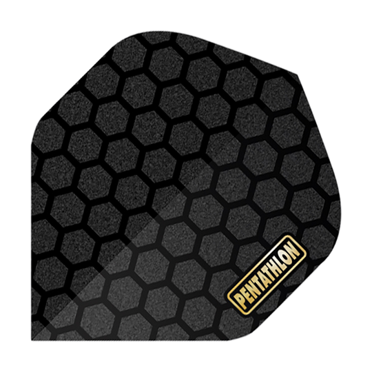Pentathlon Flights RT Honeycomb Dieses Bild zeigt ein Dartflight mit einem schwarzen Wabenmuster. In der Ecke steht das Wort "PENTATHLON" in gelber Schrift auf einem weißen Hintergrund.