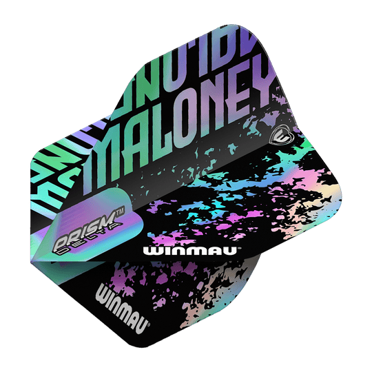 Vuelos estándar de Winmau Prism Delta Mike Maloney Das Bild zeigt ein Winmau Prism Delta Mike Maloney Standard Flight. Das Design ist in Schwarz gehalten mit bunten, schimmernden Akzenten und dem Namen "Maloney" in großen Buchstaben.