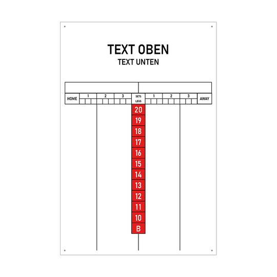 INSCORE1_Scoreboard_mit_Wunschdruck_40x60cm_Rot_1 Das Bild zeigt ein Scoreboard mit individuellen Druckmöglichkeiten in der Größe 40 x 60 cm. In der Mitte sind rote Zahlen von 20 bis 10 sowie ein Feld mit "B" angeordnet, und oben gibt es Platz für eigenen Text.