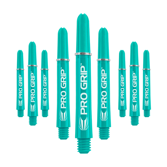 Uchwyty Target Pro Grip - 3 zestawy - Aqua Das Bild zeigt neun aqua-farbene Dartschäfte mit der Aufschrift "PRO GRIP". Sie sind in drei Reihen angeordnet und haben ein einheitliches Design.