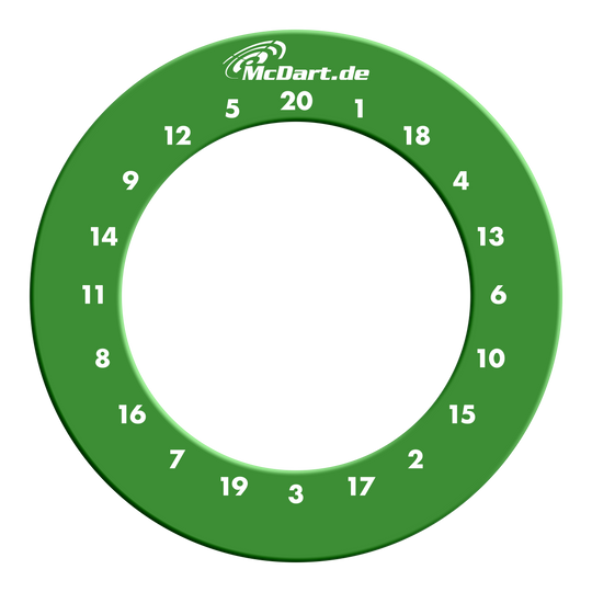 Das Bild zeigt einen grünen Dartboard-Surround-Ring mit weißen Zahlen von 1 bis 20. Oben auf dem Ring steht die Internetadresse "McDart.de".