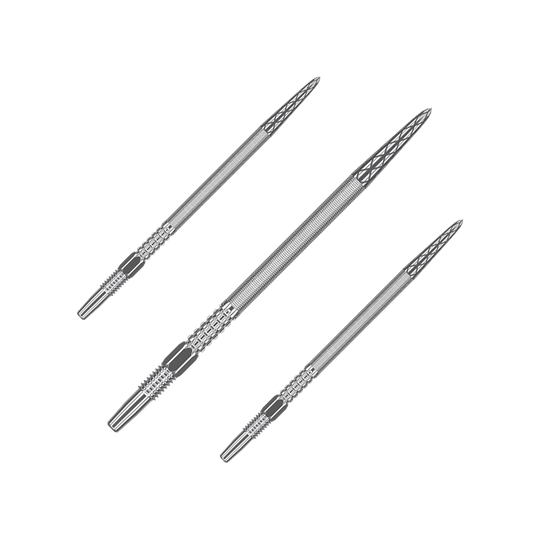 Puntas de dardos Target Swiss Point DX - Plata Das Bild zeigt drei silberne Dartspitzen, die nebeneinander angeordnet sind. Sie haben eine geriffelte Struktur und eine spitz zulaufende Form.
