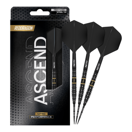 Zu sehen ist das komplette Set der Red Dragon Ascend Torpedo Steeldarts. Die Aufnahme zeigt alle enthaltenen Komponenten des Produkts.