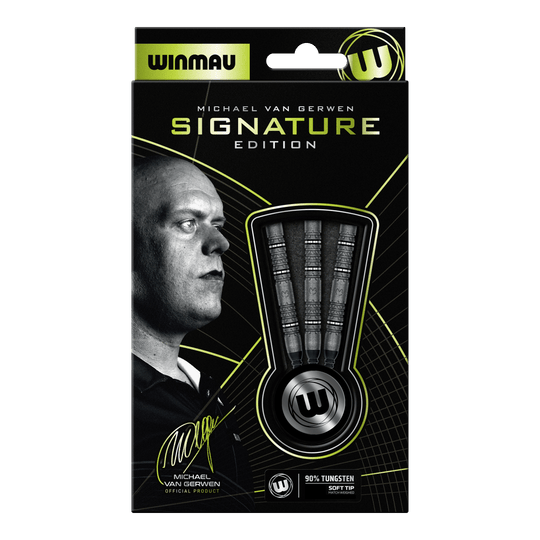 Softdarts Winmau Michael Van Gerwen Signature Edition - 20g Abgebildet sind die Winmau Michael Van Gerwen Signature Edition Softdarts mit 20g Gewicht. Die Aufnahme zeigt drei einzelne Softdarts.