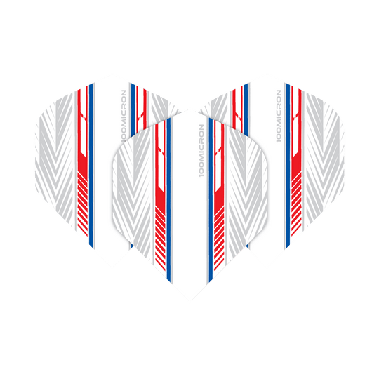 Letky pro pětiboj bílé/červené/modré Das Bild zeigt die "Pentathlon White Red Blue No2 Standard Flights". Die Flights sind überwiegend weiß mit roten, blauen und grauen Linienmustern.