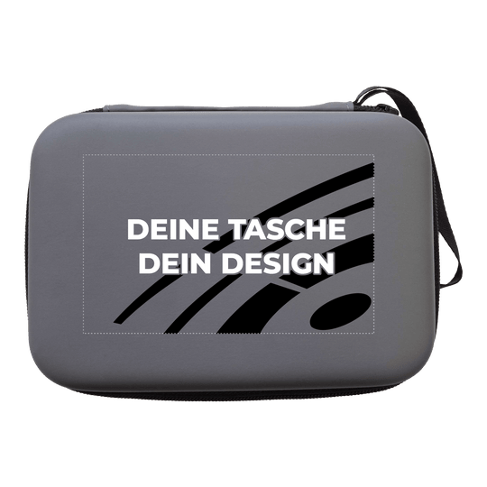 System-4 Dartcase mit Deinem Design Das Foto zeigt ein McDart System4 Dartcase in Grau. Das Etui ist teilweise geöffnet und gibt einen Einblick ins Innere.
