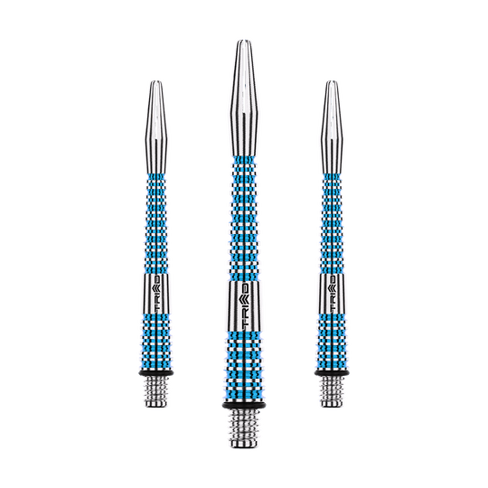 Winmau Triad RX Aluminium Shafts - Blau Auf dem Bild sind drei blaue Aluminium-Dartschäfte zu sehen. Sie haben silberne Spitzen und ein feines Rillenmuster am Schaft.