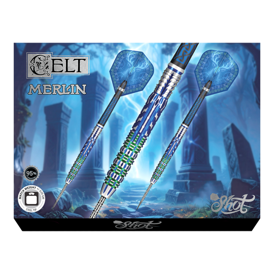 dardos de acero Shot Celt Merlin Das Foto zeigt die Shot Celt Merlin Steeldarts aus einer anderen Perspektive. Sie sind aus hochwertigem Material gefertigt.