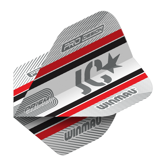 Winmau Alpha Joe Cullen Cullen 85 Standardní lety Das Bild zeigt die Winmau Alpha Joe Cullen 85 Standard Flights für Darts. Das Design ist in Silber, Rot, Schwarz und Weiß gehalten und trägt die Logos "Winmau" und "JC".