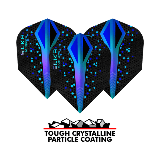 Plumas Harrows Silika Colourshift Tough Crystalline Coating Blue No6 Das Bild zeigt drei Harrows Silika Colourshift Tough Crystalline Coating Blue No6 Flights. Darunter befindet sich ein Logo mit der Aufschrift "Tough Crystalline Particle Coating".
