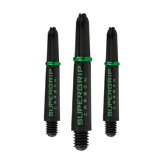 HR360_Harrows_Supergrip_Carbon_Shafts_Gr-n_33mm_10sZZZfPlSbL56 Das Bild zeigt drei schwarze Harrows Supergrip Carbon Shafts mit grünen Ringen. Die Schrift „SUPERGRIP CARBON“ ist in grüner Farbe auf den Schäften zu sehen.