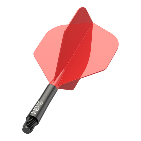 Red Dragon Nitroflite - Black Shaft Red No2 Flights Zu sehen ist ein Nitro-Flite in Schwarz und Rot, Short Größe, 22 mm. Das Bild zeigt die Details und Farben des Dart-Flights.