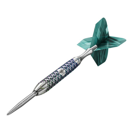 Freccette in acciaio Target Rove 01 Swiss Point Das Bild zeigt einen Target Rove 01 Swiss Point Steeldart mit silbernem Schaft und blau-grünen Akzenten. Am hinteren Ende befindet sich eine grün gemusterte Dartflügel.
