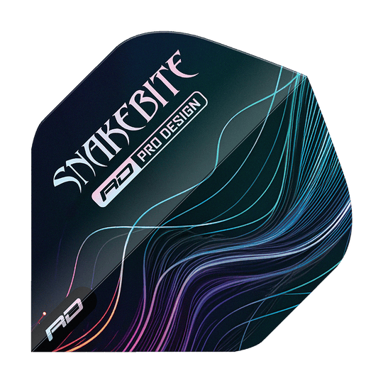 Standardní letky Red Dragon Hardcore Peter Wright Multi No2 Das Bild zeigt ein Dart-Flight mit dem Aufdruck "SNAKEBITE" und "RD PRO DESIGN". Auf dem Flight sind bunte Linien auf dunklem Hintergrund zu sehen.