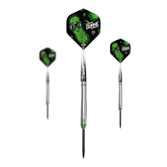 Dardos de acero de pepino Bulls Max Czerwinski - 23 g Bulls Max Czerwinski Gurke Steeldarts mit 23 Gramm Gewicht als Set. Auf dem Bild ist das gesamte Set zu sehen.