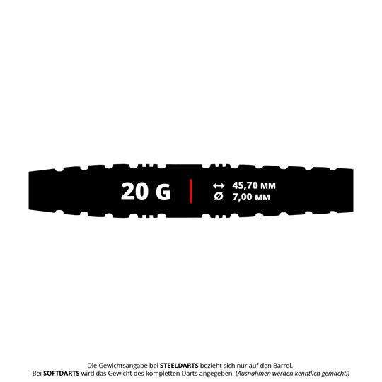 Dardos blandos Red Dragon Paradym Torpedo - 20 g Das Bild zeigt einen Red Dragon Paradym Torpedo Softdart mit einem Gewicht von 20 Gramm. Die Länge beträgt 45,70 mm und der Durchmesser 7,00 mm.