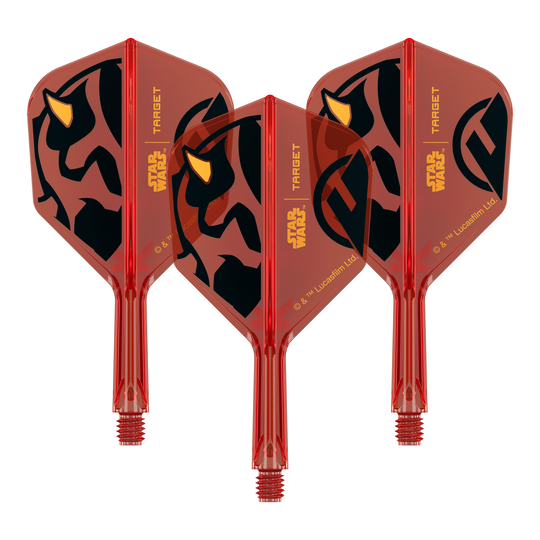 Voli Target Star Wars K-Flex Darth Maul No6 Ein Set von Dartflights mit Star Wars Motiv, wie im Dateinamen '410520_Target_StarWars_KFlex_DarthMaul_No6_Flights_Short_19mm_1Set' angegeben. Das Bild zeigt mehrere Flights im Darth Maul Design.