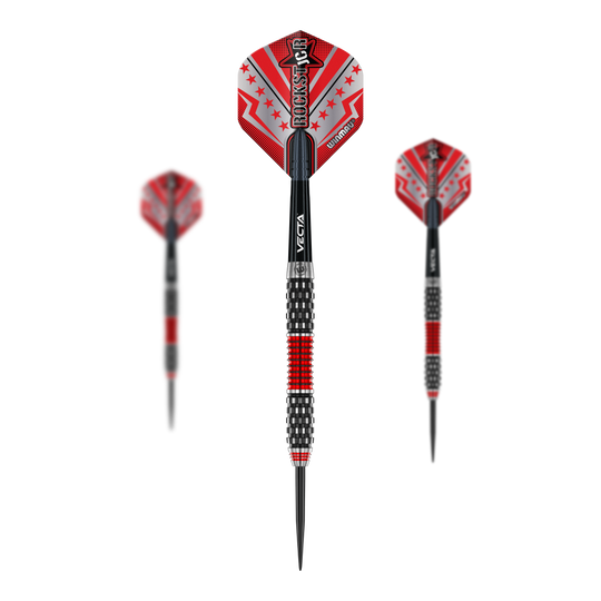 Šipky Winmau Joe Cullen Rockstar Series RS1 ocelové Das Bild zeigt drei Steeldarts der Marke Winmau Joe Cullen Rockstar Series RS1. Die Darts haben rote und schwarze Flights mit dem Schriftzug "Rockstar" und ein auffälliges, farbiges Griffdesign.