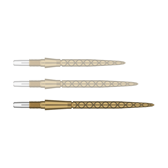 Target Swiss Storm Diamond Point Dartspitzen - Gold Das Bild zeigt drei goldfarbene Dartspitzen mit einem rautenförmigen Muster. Die Enden der Spitzen sind silbern und haben ein Gewinde zum Befestigen.