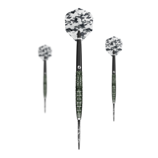 Shot Camo Ghillie Turbo Point Steeldarts - 23g Shot Camo Ghillie Turbo Point Steeldarts 23 Gramm im Set werden gezeigt. Die Darts haben ein spezielles Tarnmuster.