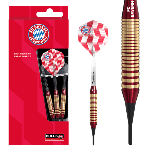 Šipky Bulls FC Bayern Mnichov mosazné měkké - 18g Das Bild zeigt die Bulls FC Bayern München Brass Softdarts mit einem Gewicht von 18g. Das Produkt ist speziell für Fans des FC Bayern München entworfen.