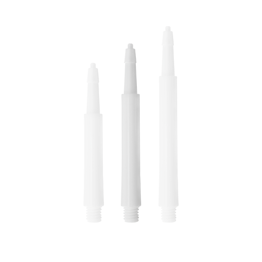 HRC12626W_Harrows_Clic_Standard_Shafts_Weiss_30mm_1 Das Bild zeigt drei weiße Harrows Clic Standard Shafts in verschiedenen Längen. Sie sind als Ersatzteile für Dartpfeile gedacht.