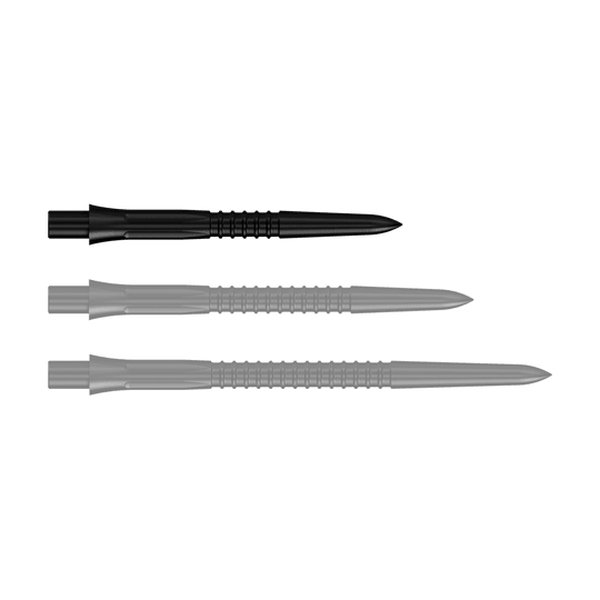 Puntas de dardos Mission Caliburn EVO GV1 - Negras Schwarze Steeldartspitzen, 26 mm Länge, aus der Misson Caliburn EVO GV1 Serie. Die Aufnahme zeigt eine Detailansicht der Dartspitzen.