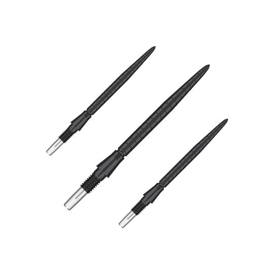 Das Bild zeigt drei schwarze Dartspitzen mit silbernem Schraubgewinde. Sie sind nebeneinander auf einem transparenten Hintergrund angeordnet.