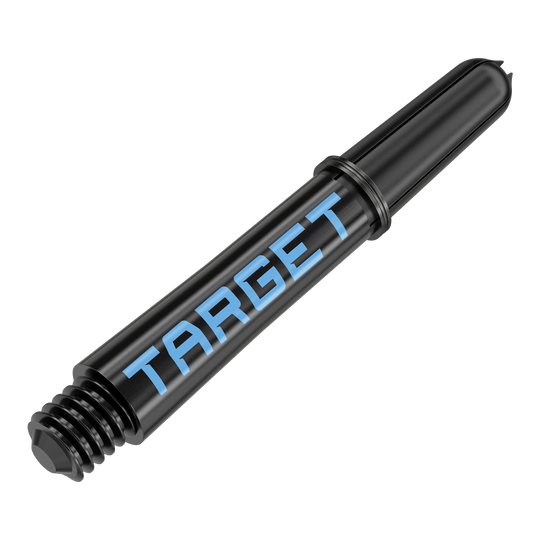 Target Pro Grip TAG Shafts - 3 Sets - Black Blue Dies ist ein schwarzer Dart-Schaft mit blauem Schriftzug „TARGET“. Er hat ein Schraubgewinde an einem Ende und eine glatte Oberfläche.