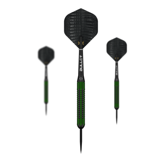 Bullet Gator freccette in ottone e acciaio - 22 g Auf dem Bild ist ein Set der Bullet Gator Brass Steeldarts - 22g zu sehen. Das Set enthält mehrere Darts mit je 22 Gramm Gewicht.
