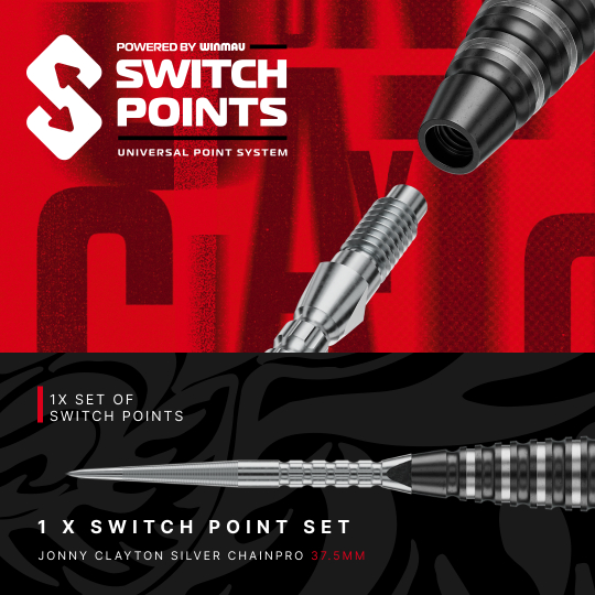 Red Dragon Jonny Clayton RD-PRO Switch Point Steeldarts Das Bild präsentiert Red Dragon Jonny Clayton RD-PRO Switch Point Steeldarts. Die Dartpfeile sind geordnet auf einer hellen Fläche zu sehen.