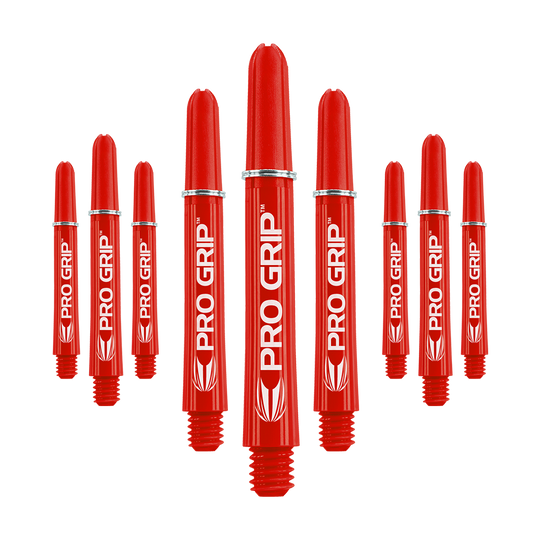 Target Pro Grip Shafts - 3 Sets - Red Das Bild zeigt mehrere rote Dartschäfte mit der Aufschrift "PRO GRIP". Die Schäfte sind in einer symmetrischen Anordnung dargestellt und heben sich deutlich vom Hintergrund ab.