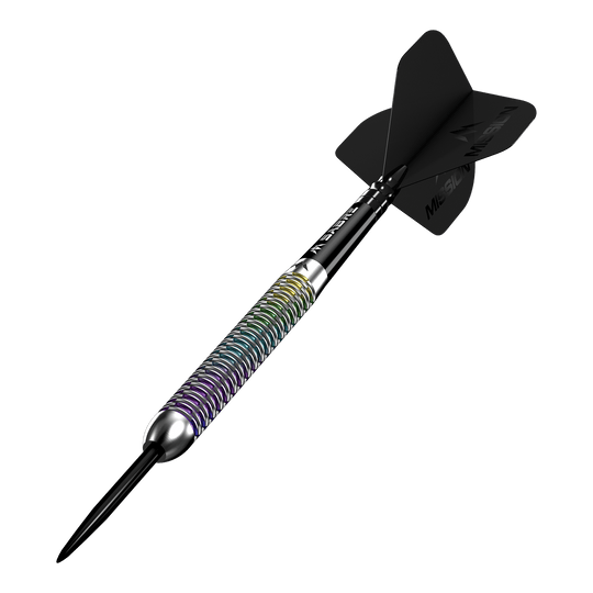 Abgebildet sind die Mission Kaleidos Steeldarts. Diese farbenfrohen Dartpfeile sind für den professionellen Einsatz geeignet.