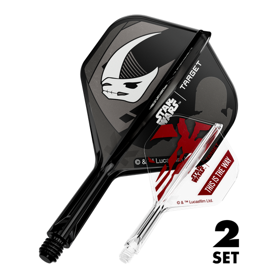 Set Target Star Wars K-Flex Mandalorian No2 Voli Standard Zu sehen sind zwei Dart-Flights im Mandalorianer-Design aus Star Wars. Dies ist das Set 'K-Flex Mandalorian 2PackSet No2 Standard Flights' mit 19mm.