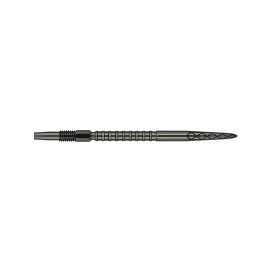 Target Swiss DS Surge Point Dart Tips - Black Das Bild zeigt eine schwarze Dartspitze mit geriffelten und eingekerbten Mustern. Die Spitze ist 35 mm lang und hat ein elegantes, technisches Design.