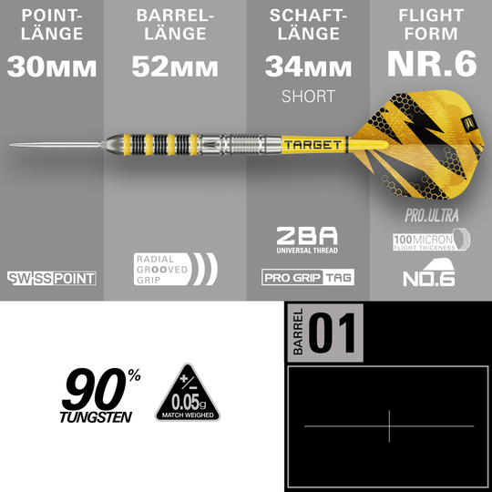 Target Buzz 01 Swiss Points Steeldarts Das Bild zeigt die Target Buzz 01 Swiss Points Steeldarts. Die Darts sind speziell für Präzision und Leistung entworfen.