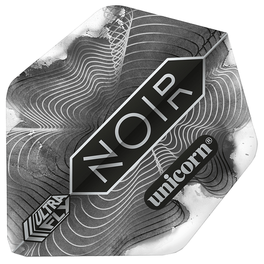 69007_p1 Das Bild zeigt ein Dart-Flight mit dem Namen "Unicorn Ultrafly 75 Ar2 Noir Organic Flights". Das Flight ist in Schwarz-Weiß gehalten und trägt die Aufschrift "NOIR" und "unicorn".