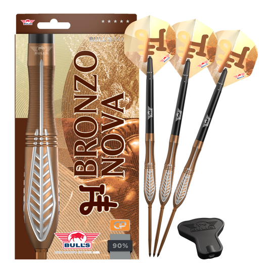 Šipky Bulls NL Bronzo Nova Convertible Point Steel Darts Das Bild zeigt Bulls NL Bronzo Nova Convertible Point Steeldarts in Komplettdarstellung. Das Set ist metallfarben.