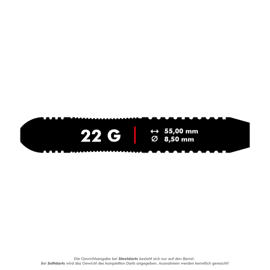 Target Rob Cross Brass Steeldarts - 22g Dieses Bild zeigt die Maße des Produkts "Target Rob Cross Brass Steeldarts - 22g". Der Dart wiegt 22 Gramm, ist 55 mm lang und hat einen Durchmesser von 8,5 mm.