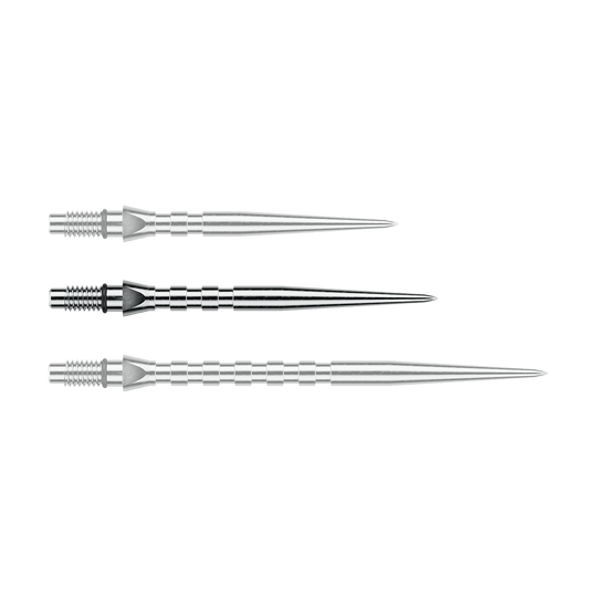 Winmau Switch Point Groove steel dart tips - Silver Effect Abgebildet ist eine einzelne Winmau Switch Point Groove Steeldartspitze mit 30mm Länge in silberner Optik. Die Spitze ist schmal und gerillt für besseren Halt.