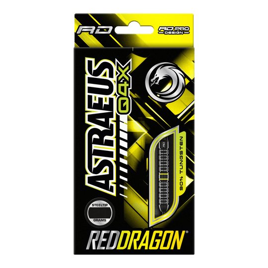Dardos de acero paralelos Red Dragon Astraeus Q4X Die Verpackung zeigt die Red Dragon Astraeus Q4X Parallel Steeldarts in einem auffälligen gelb-schwarzen Design. Das Produkt besteht zu 90% aus Tungsten und besitzt Steeltip-Spitzen.