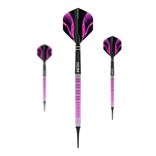 Dardos blandos Red Dragon Tyrian - 22 g Das Bild zeigt drei Red Dragon Tyrian Softdarts mit einem Gewicht von 22g. Die Darts sind hauptsächlich lila und schwarz gestaltet und haben auffällige Muster auf den Flights.